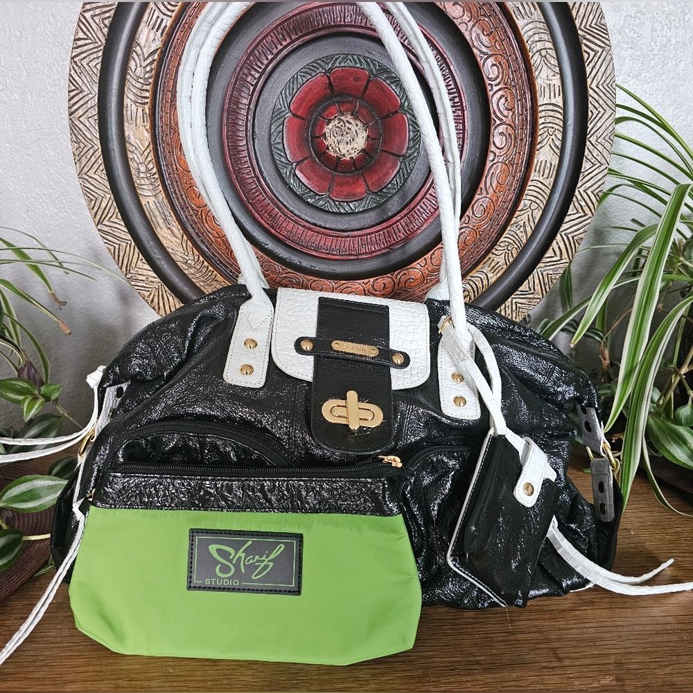 Sharif Studio Crinkle Patent Leather Black 3 Piece Handbag, Pouch, Card Case Set